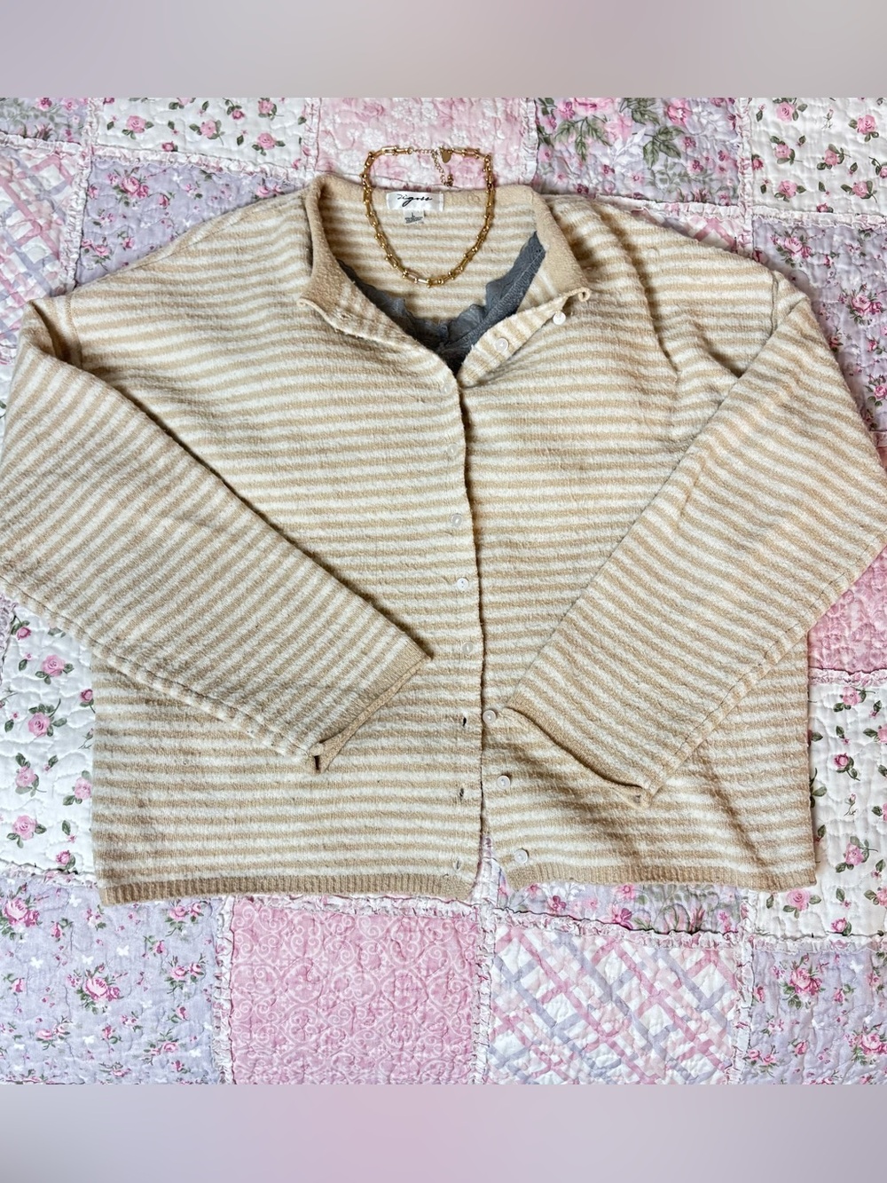Striped Cream and White Button-Up Women's Sweater Cardigan
